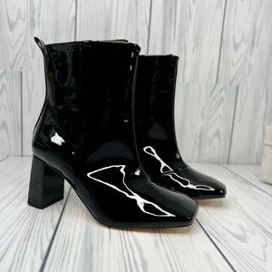 COPY - Good American Square Toe Patent Leather Ankle Booties  block chunky heel